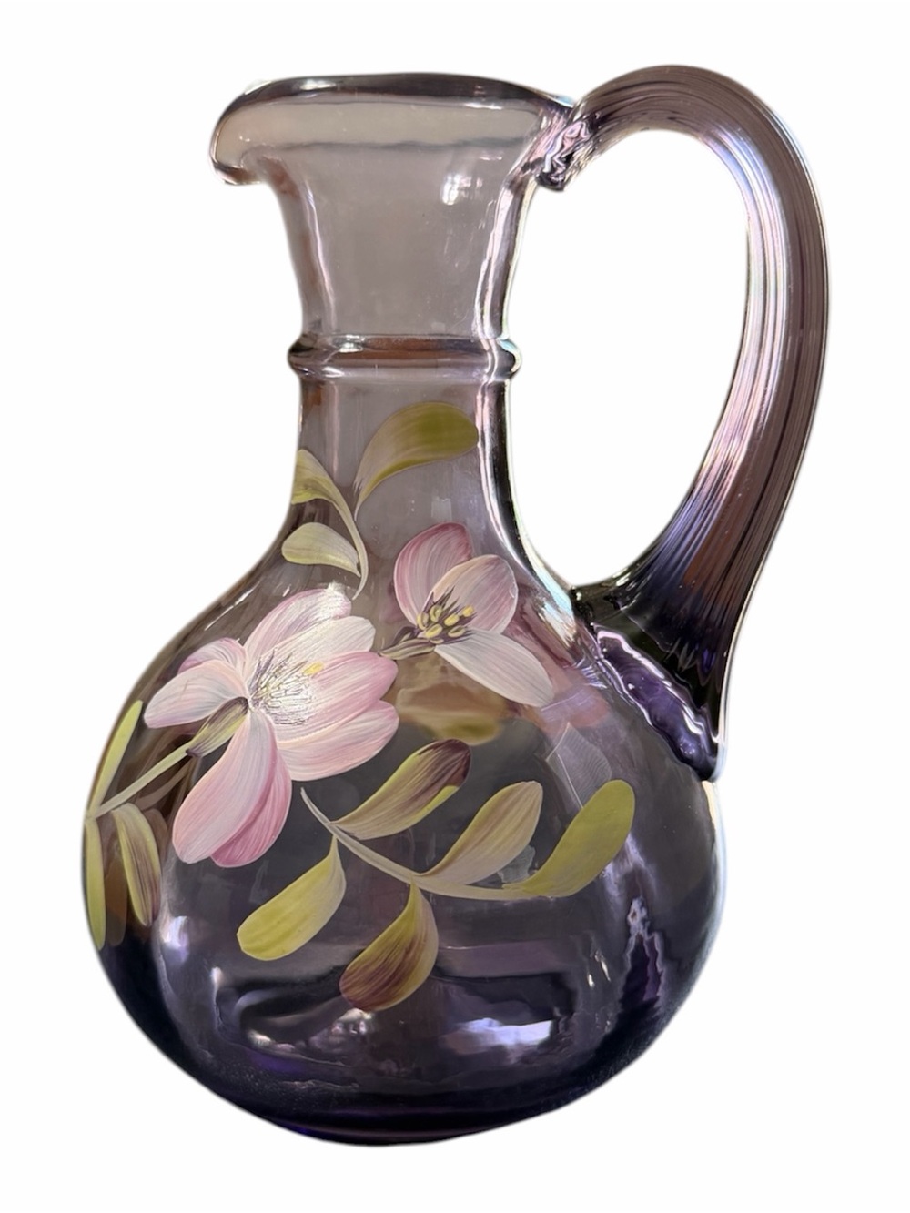 Fenton Violet Rib Optic Floral Pitcher Hand Painted Signed Maston 5.75”